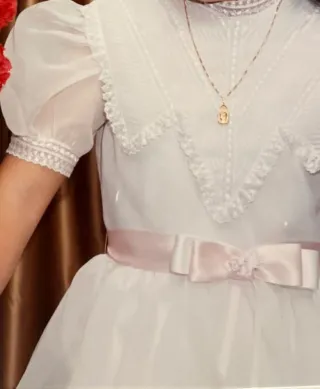 Vestido Comunión Niña Blanco y lazo Rosa