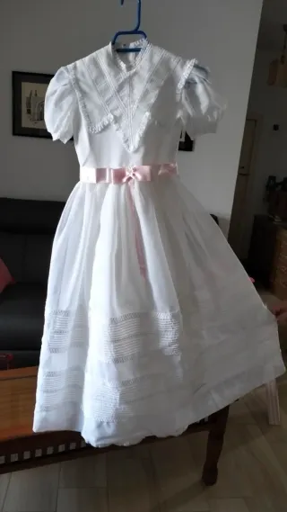 Vestido Comunión Niña Blanco y lazo Rosa