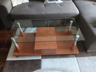 Mesa centro cristal y madera con cajón