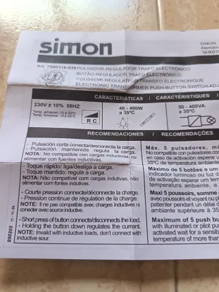 Regulador de intensidad Pulsador Simón 7500316-039