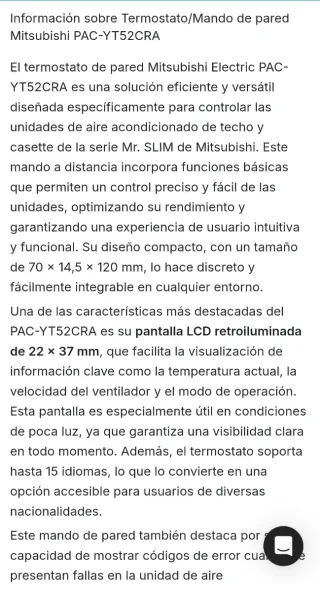 Termostato Mitsubishi PAC-YT52CRA