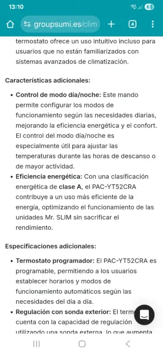 Termostato Mitsubishi PAC-YT52CRA