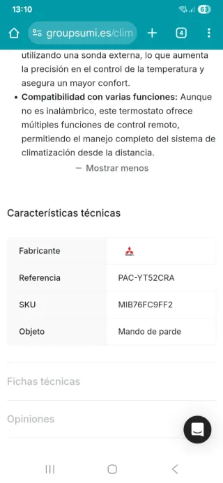 Termostato Mitsubishi PAC-YT52CRA