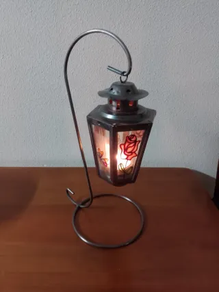 Farol porta velas metal y vidrio decorado
