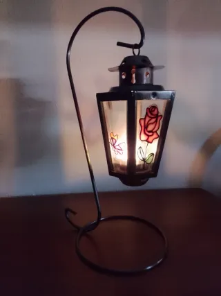 Farol porta velas metal y vidrio decorado