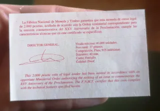 Moneda Plata 2000 Pesetas XXV Aniversario