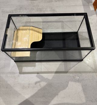 Acuario de cristal con base negra y calentador