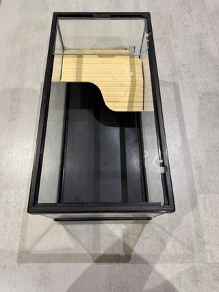 Acuario de cristal con base negra y calentador