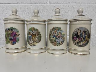 4 Tarros de cerámica con escenas doradas