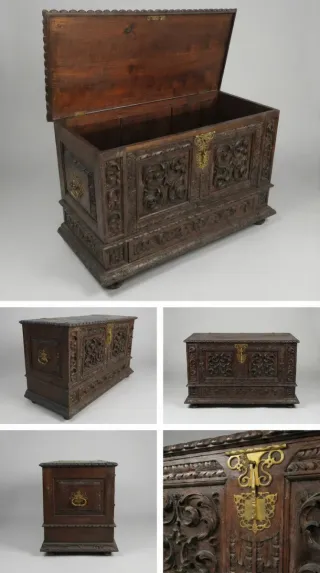 Arca tallada con herrajes de bronce