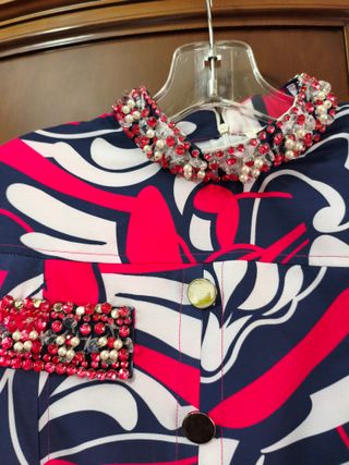 Vestido Fucsia y Azul Marino con Pedrería