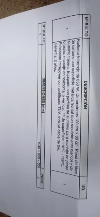 Panel Calefactor Infrarrojos 850W