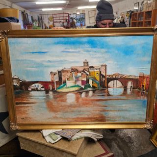 Quadro ad olio su asse, isola tiberina Roma