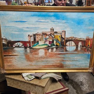 Quadro ad olio su asse, isola tiberina Roma