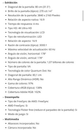 Monitor Samsung 4K 32 pulgadas freesync