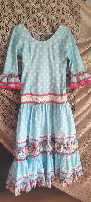 Traje Flamenca Joven Azul Lunares