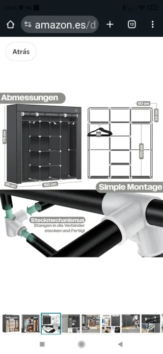 Armario Tela Gris con Barra y Baldas