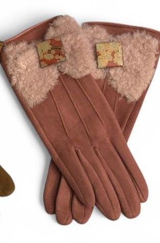 GUANTES DE PIEL ROSAS Y MARRONES FORRADOS CON PELO