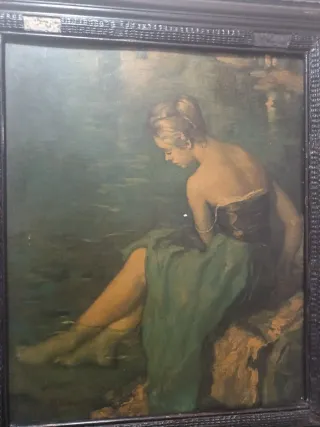 Cuadro antiguo óleo mujer junto al agua