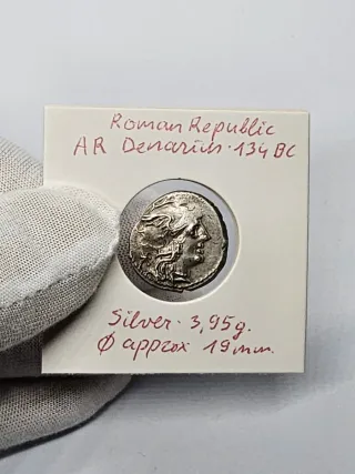 Moneda – Denario romano original 134 a.C. plata
