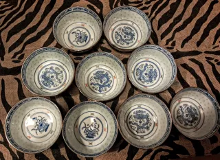 9 Cuencos Chinos Porcelana Dragón sin estrenar