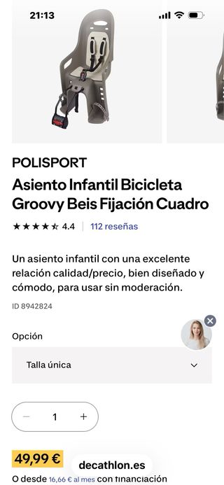 Sillita o asiento  infantil bicicleta Decathlon.