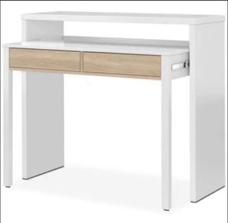 Mesa escritorio plegable blanco y madera.