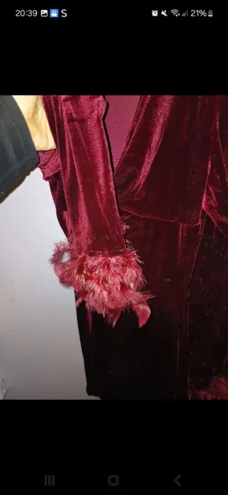 Vestido de terciopelo rojo con plumas