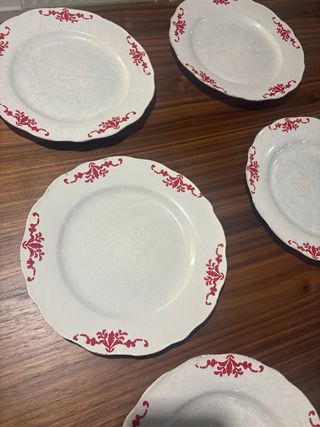 Vajilla 6 Platos Llanos Cerámica Rojo Blanco