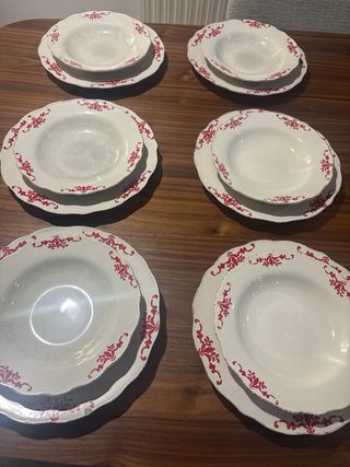 Vajilla 6 Platos Llanos Cerámica Rojo Blanco