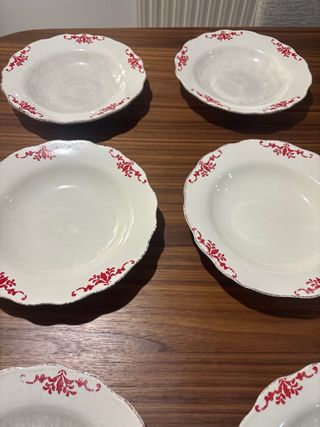 Vajilla 6 Platos Hondos Cerámica Rojo Blanco