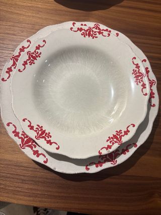 Vajilla 6 Platos Hondos Cerámica Rojo Blanco