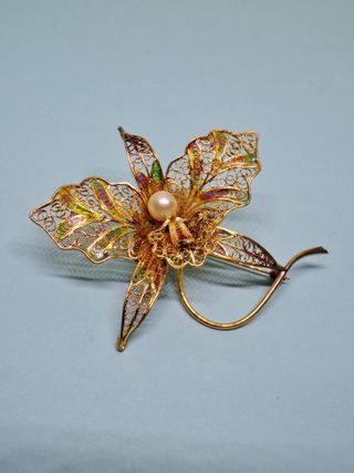 ARGENTO 800 enorme spilla filigrana placcata oro