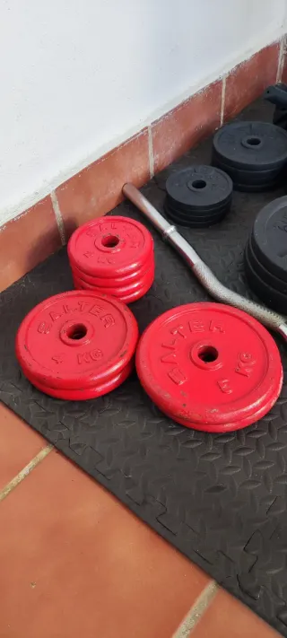 Kit pesas, barras y banco musculación