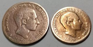 Lote 2 monedas España 1879 de 10 y 5 cent.