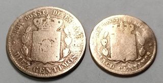 Lote 2 monedas España 1879 de 10 y 5 cent.