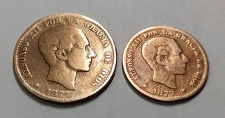 Lote 2 Monedas España 1877 Alfonso XII 10 y 5 cent