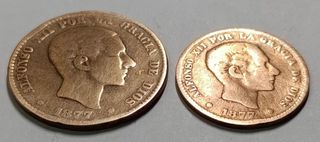 Lote 2 Monedas España 1877 Alfonso XII 10 y 5 cent
