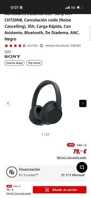 Cascos Sony Inalámbricos Negros