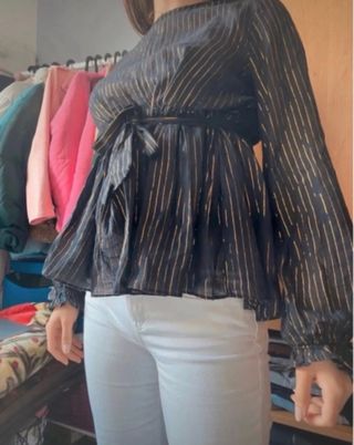 Blusa Zara Negra Talla M Rayas Doradas