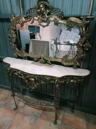 Consola Bronce Mármol y Espejo