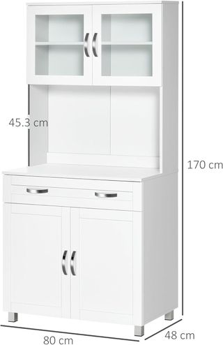 Credenza Cocina Alta Con 2 Armarios, Mesa Para Microondas Y Cajón, Mueble Despensa Con Puertas De Vidrio Y Estantes Regulables, Para Sala De Estar, Comedor Y Cocina, 80X48X170 Cm, Blanco