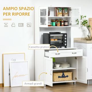 Credenza Cocina Alta Con 2 Armarios, Mesa Para Microondas Y Cajón, Mueble Despensa Con Puertas De Vidrio Y Estantes Regulables, Para Sala De Estar, Comedor Y Cocina, 80X48X170 Cm, Blanco