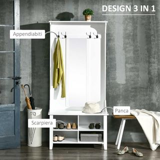 Perchero de Pie con Espejo Zapatero 4 Ganchos Madera 80X40X170Cm Blanco