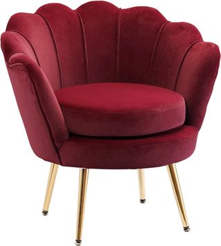 Sillón Concha, Sillón Vintage, Sillón Para Dormitorio Y Sala, Diseño Elegante, Con Respaldo Alto, 76X67X74Cm, Rojo Oscuro