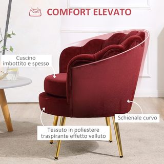 Sillón Concha, Sillón Vintage, Sillón Para Dormitorio Y Sala, Diseño Elegante, Con Respaldo Alto, 76X67X74Cm, Rojo Oscuro