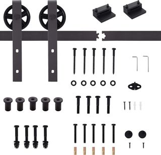 Kit de Puerta Corredera de 183CM/6FT 100Kg Máx en Acero al Carbono, Kit para Puertas Correderas con Riel, 2 Ganchos, 2 Topes de Puerta, 2 Sujetapies, 2 Juegos de Tornillos y Tuercas