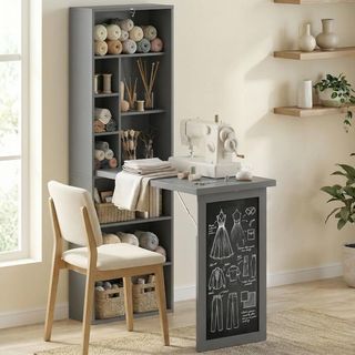 Escritorio Con Librería Y Pizarra, Escritorio Ahorra Espacio Con Tablero Plegable de Madera de Pino, Mesa de Trabajo Con Estantes Regulables, para Habitación, Estudio, Oficina, 98X51X153 Cm, Gris