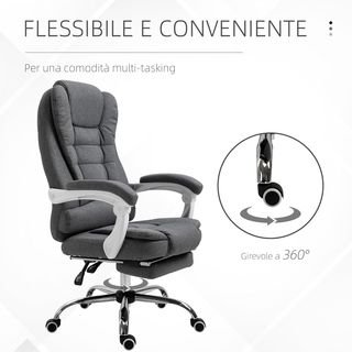 Silla De Oficina Ergonómica Reclinable Con Reposapiés Retráctil, Sillón De Oficina Giratorio Con Altura Regulable, Respaldo Alto Y Apoyabrazos, En Tela, Gris