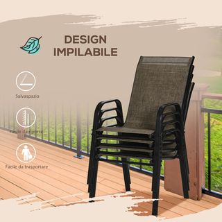 Conjunto de 4 Sillas de Jardín Apilables de Ahorro de Espacio, Sillas de Exterior con Brazos de Metal y Tela Transpirable, Marrón